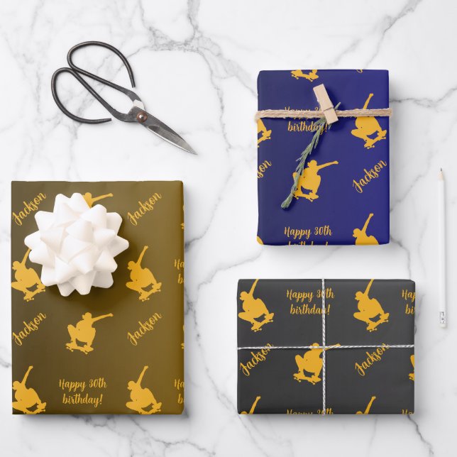Personalisiert Name Sentiment Sport Thema Skateboa Geschenkpapier Set (Vorderseite)