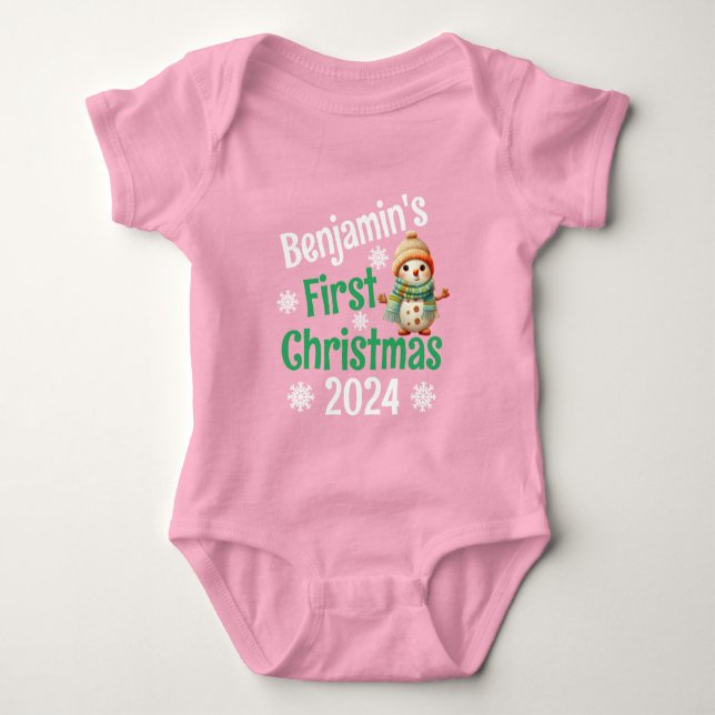 Personalisiert Name Snowman Baby's 1. Weihnachtsro Baby Strampler (Vorderseite)