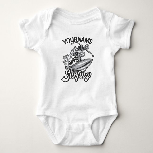 Personalisiert NAME Surfer Big Wave Skeleton Surfe Baby Strampler (Vorderseite)
