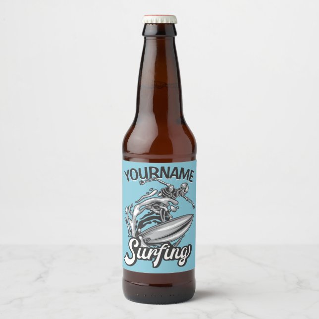 Personalisiert NAME Surfer Big Wave Skeleton Surfe Bierflaschenetikett (Vorderseite)