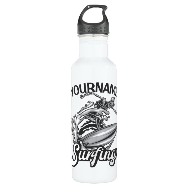 Personalisiert NAME Surfer Big Wave Skeleton Surfe Edelstahlflasche (Vorderseite)
