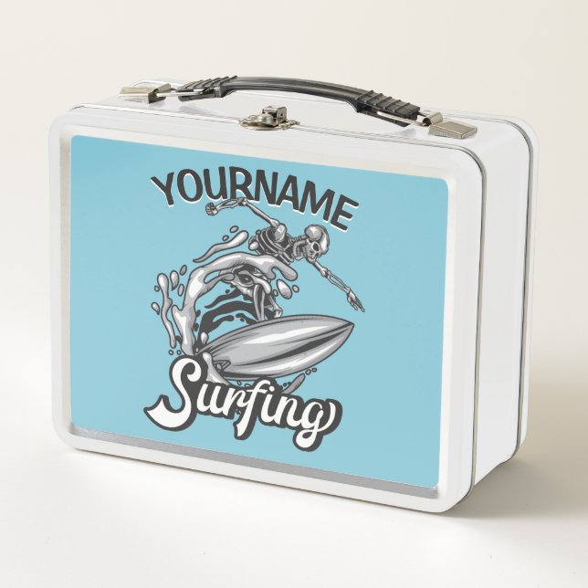Personalisiert NAME Surfer Big Wave Skeleton Surfe Metall Brotdose (Vorderseite)