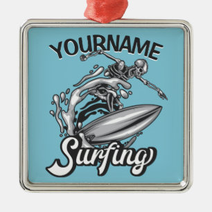 Personalisiert NAME Surfer Big Wave Skeleton Surfe Ornament Aus Metall