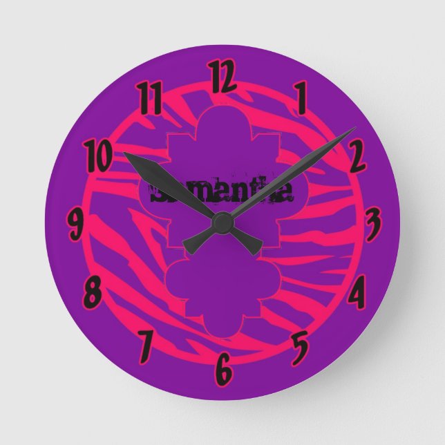 Personalisiert Name Uhr Hot Pink Lila Zebra (Vorderseite)