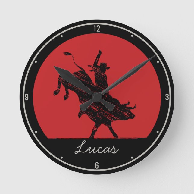 Personalisiert NAME Western Rodeo Bull Rider Cowbo Runde Wanduhr (Vorderseite)