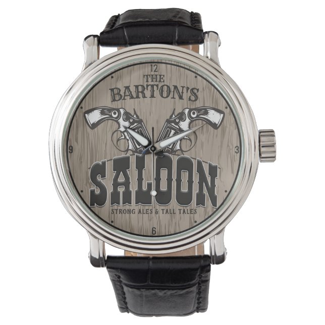 Personalisiert NAME Wild West Gun Revolver Saloon Armbanduhr (Vorderseite)