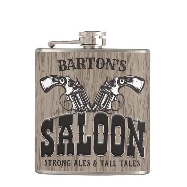 Personalisiert NAME Wild West Gun Revolver Saloon Flachmann (Vorderseite)