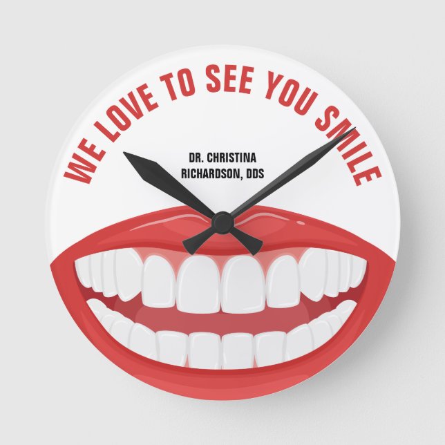 Personalisiert Name Zahnbüro Big Smile Zähne Runde Wanduhr (Vorderseite)