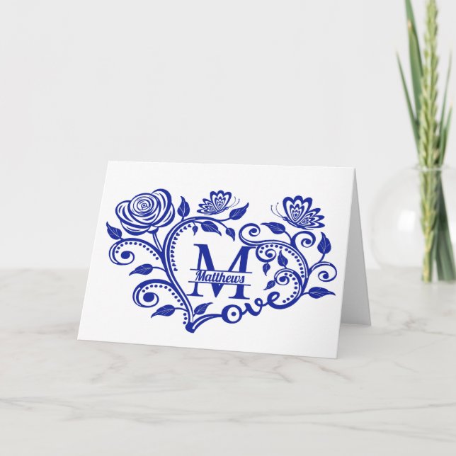 Personalisiert Navy Blue Floral Monogram m Karte (Vorderseite)