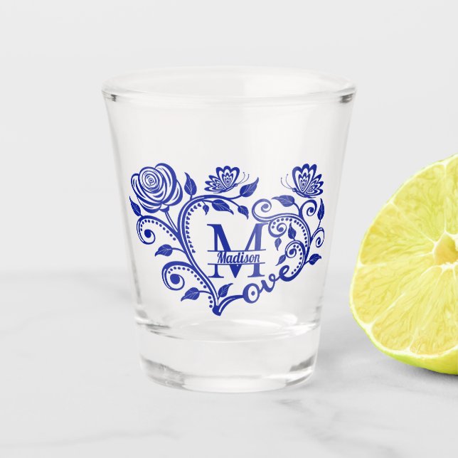 Personalisiert Navy Blue Floral Monogram m Schnapsglas (Vorderseite)