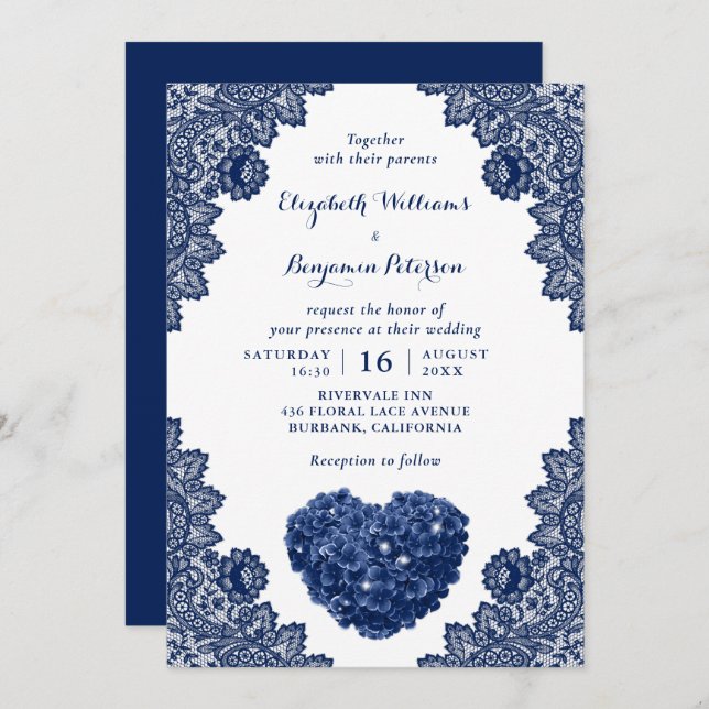 Personalisiert Navy Blue Lace Hydrangea Wedding Einladung (Vorne/Hinten)