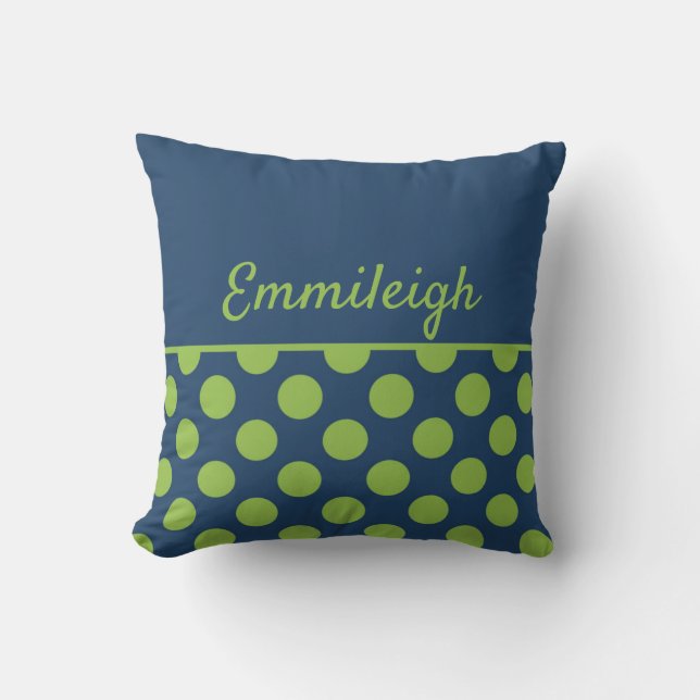 Personalisiert Navy Blue Lime Green Polka Dots Kissen (Vorderseite)