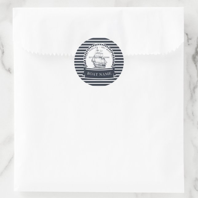 Personalisiert Navy Blue Modern Nautic Runder Aufkleber (Tasche)