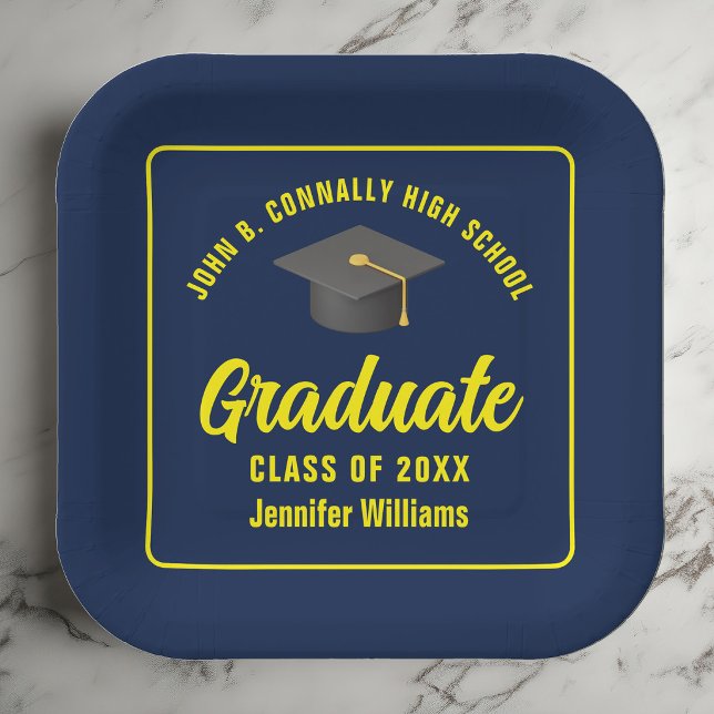 Personalisiert Navy Blue Yellow Graduation Party Pappteller (Von Creator hochgeladen)
