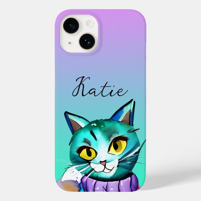 Personalisiert Niedliche Blue Kitty Cat Case-Mate iPhone 14 Hülle (Rückseite)