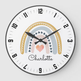 Personalisiert Niedlicher Boho Wasserfarbe Regenbo Große Wanduhr