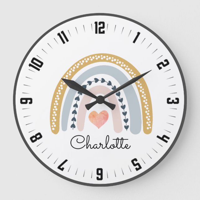 Personalisiert Niedlicher Boho Wasserfarbe Regenbo Große Wanduhr (Vorderseite)