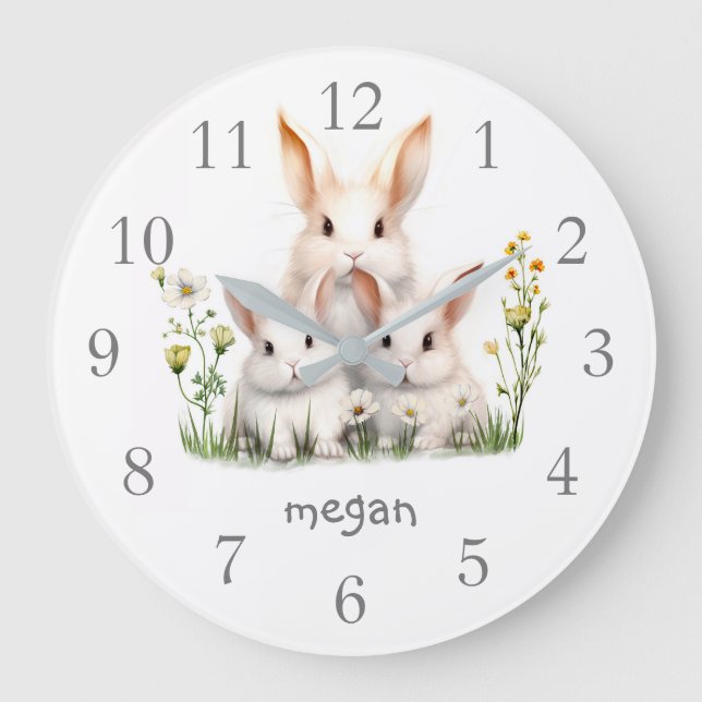 Personalisiert Niedliches Bunny Große Wanduhr (Vorderseite)