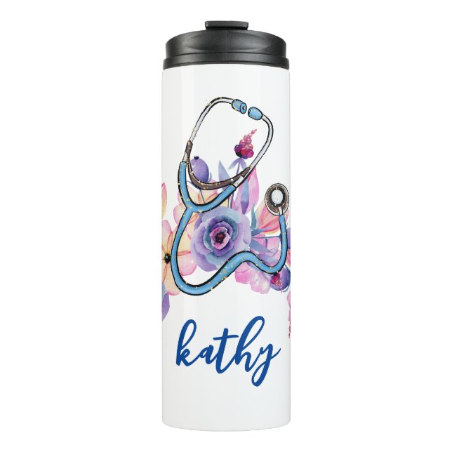 Personalisiert Nurse floral Stethoscope Gift Thermosbecher (Vorderseite)