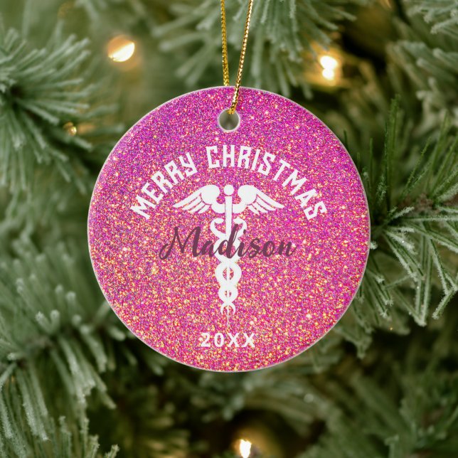 Personalisiert Nurse Pink Glitzer Weihnachten Keramik Ornament (Baum)