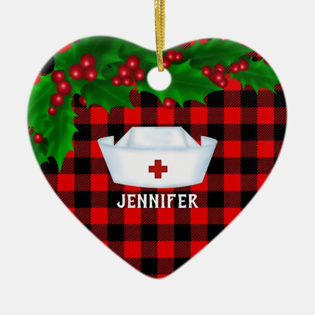 Personalisiert Nurse Red Buffalo Kariert Weihnacht Keramik Ornament (Vorne)