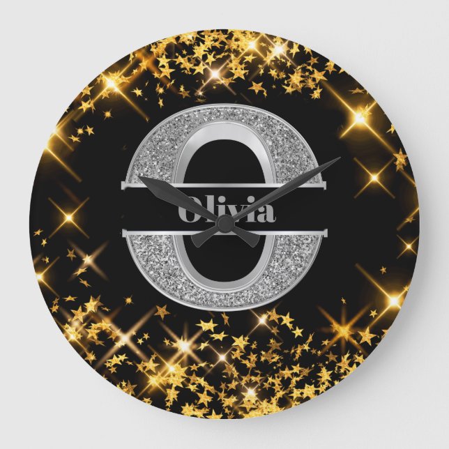 Personalisiert O Initial Silver Monogram Ihr Name Große Wanduhr (Vorderseite)