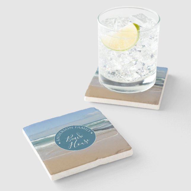 Personalisiert Ocean Beach House Runder Stone Unte Steinuntersetzer (Seitenansicht)