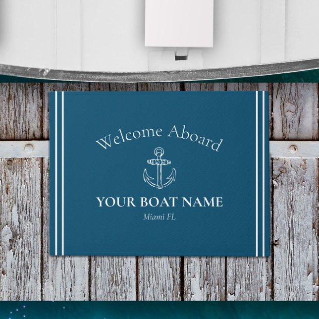Personalisiert Ocean Blue Nautical Doormat 🌊 ⚓ Fußmatte (Welcome Aboard Nautical Welcome Mat Personalized with Your Boat Name and Home Port in Ocean Blue)