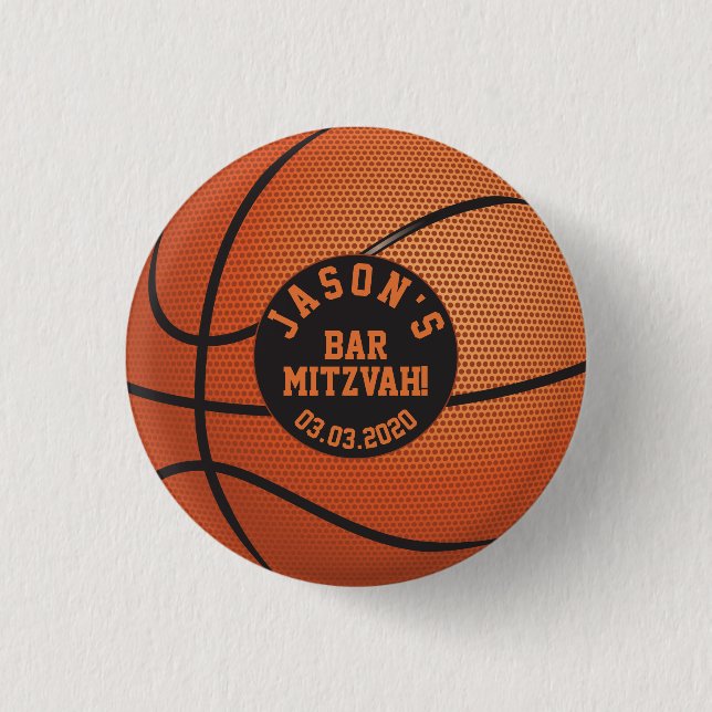 Personalisiert Orange Basketball Bar Mitzvah Gevor Button (Vorderseite)