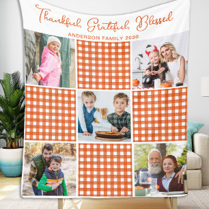 Personalisiert Orange Kariert Kariert 5 FotoCollag Fleecedecke