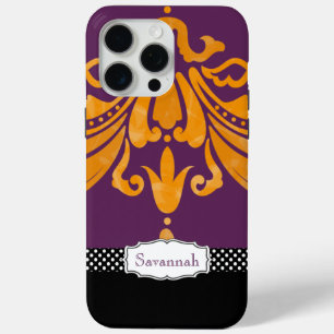 Personalisiert Orange Mandarine Eggplant Damask iPhone 15 Pro Max Hülle