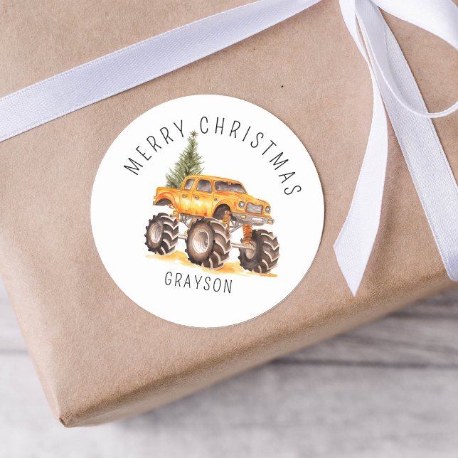 Personalisiert Orange Monster Truck Weihnachtsgesc Runder Aufkleber (Von Creator hochgeladen)