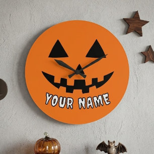Personalisiert Orange Pumpkin Halloween Dein Name Große Wanduhr