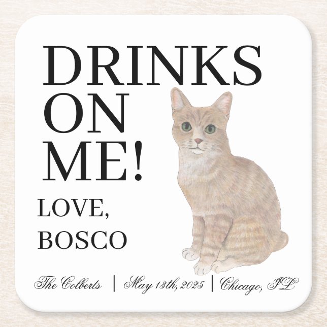 Personalisiert Orange Tabby Cat Wedding Rechteckiger Pappuntersetzer (Vorderseite)