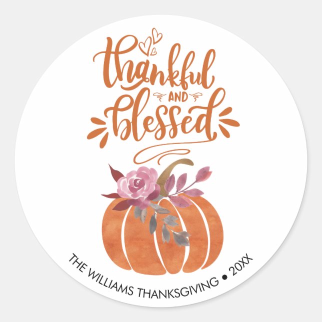 Personalisiert Orange Thankful & gesegnete Pumpkin Runder Aufkleber (Vorderseite)