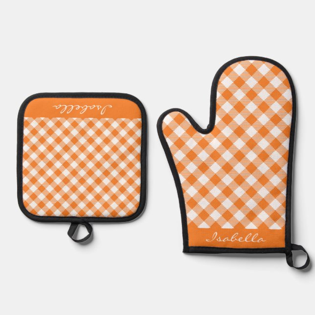 Personalisiert Orange White Tartan Kariert Ofenhandschuh & Topflappen-Set (Vorderseite)
