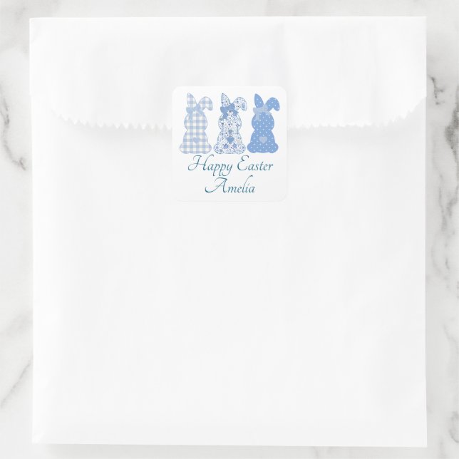 Personalisiert Ostern Bunny Coquette Blau Quadratischer Aufkleber (Tasche)