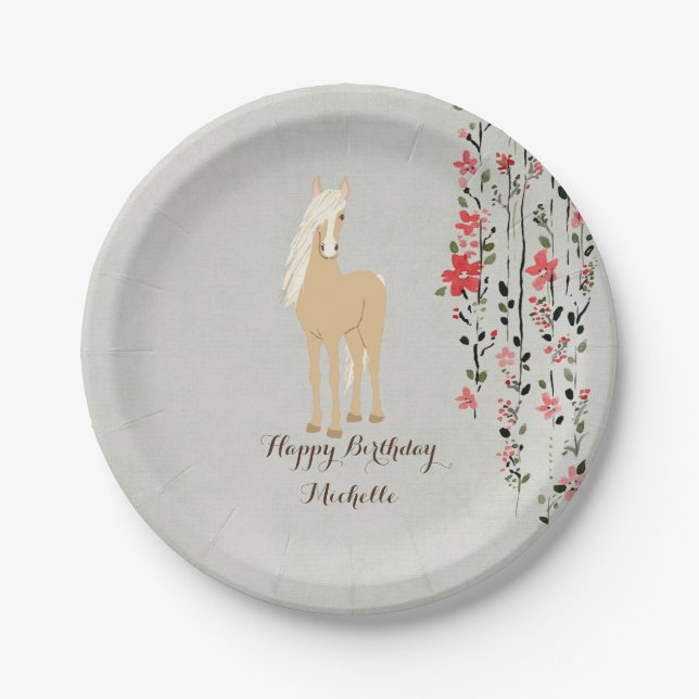 Personalisiert Palomino Pony Blume Pferd Geburtsta Pappteller (Vorderseite)