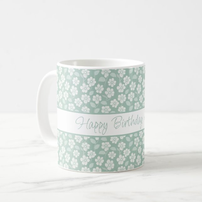Personalisiert Pastel Green Mint White Boho Floral Kaffeetasse (Vorderseite Links)