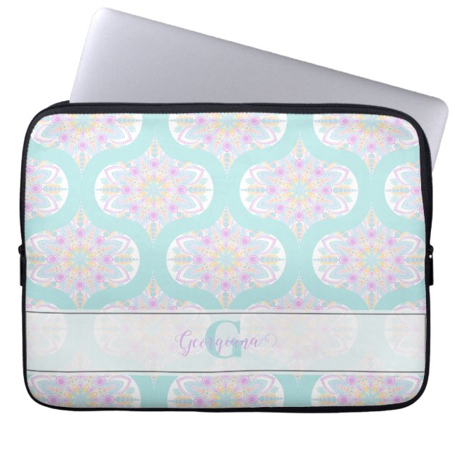 Personalisiert Pastel Rainbow Floral Mandala Mid M Laptopschutzhülle (Vorderseite)