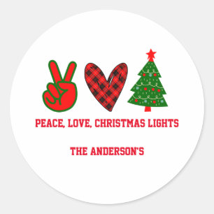 Personalisiert Peace Liebe Christmas Lights Green Runder Aufkleber