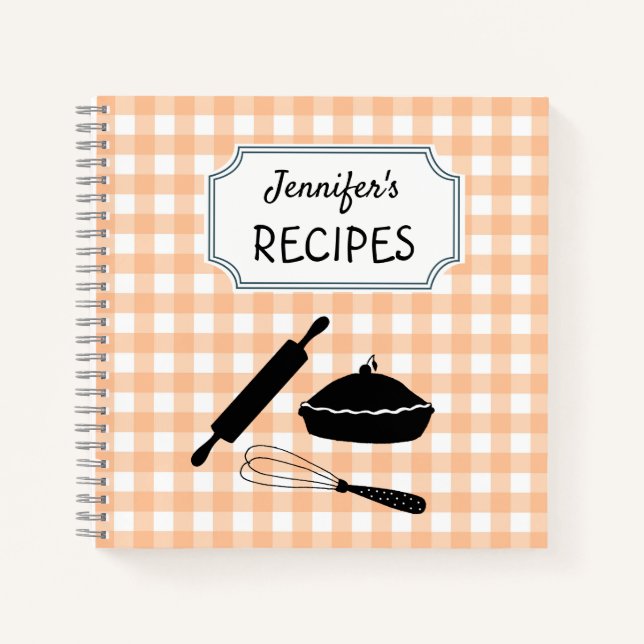 Personalisiert Peach Gingham Kariertes Musterrezep Notizbuch (Vorderseite)