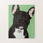 Personalisiert Pet French Bulldog<br><div class="desc">Personalisierter Pop Art franz. Bulldogrätsel mit einem niedlichen schwarzen Franchise auf einem grünen Hintergrund,  der in jede Farbe geändert werden kann,  und Ihren Namen.</div>