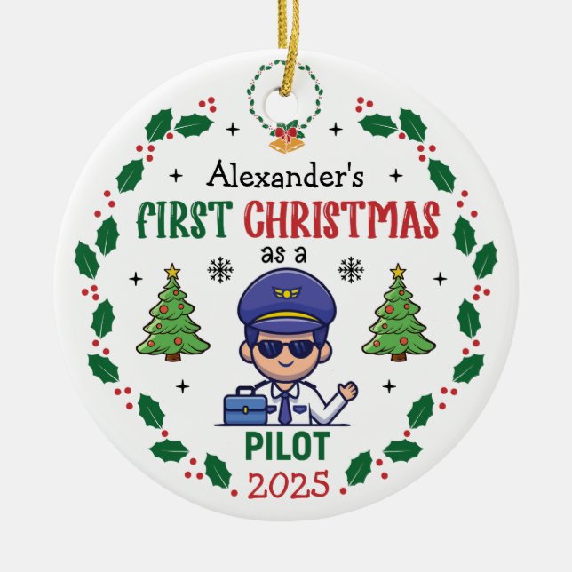 Personalisiert Pilot Erste Weihnachtsbaumrunde Keramik Ornament (Vorne)