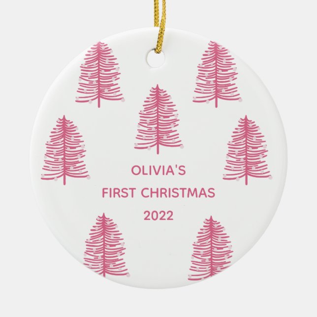 Personalisiert Pink Babies Erster Weihnachtsbaum Keramik Ornament (Vorne)