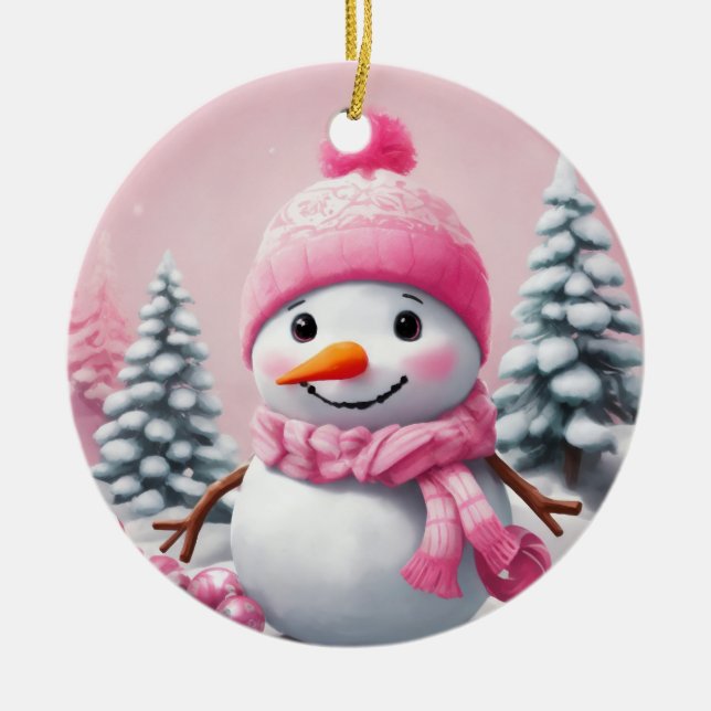 Personalisiert Pink Baby Christmas Snowman Keramik Ornament (Vorne)