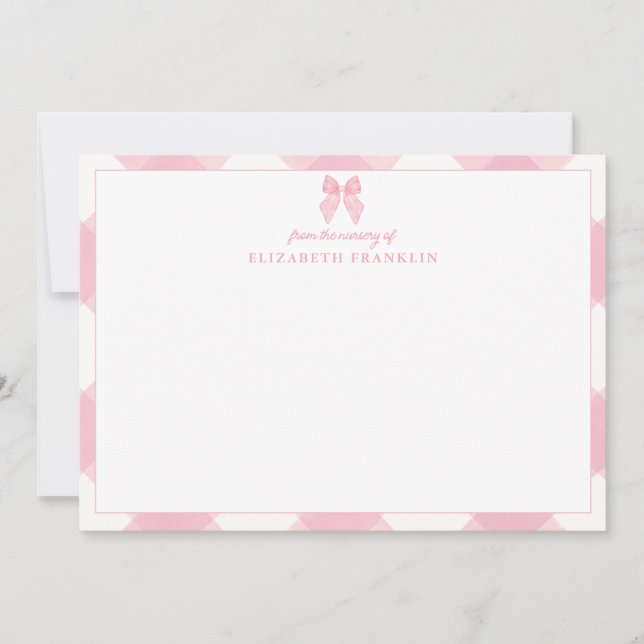 Personalisiert Pink Bow Gingham Baby Girl Statione Dankeskarte (Vorderseite)
