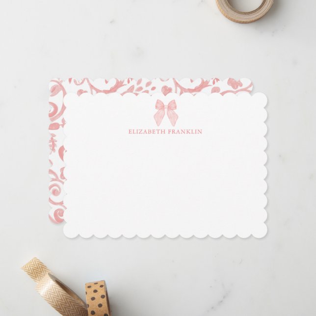 Personalisiert Pink Bow Gingham Baby Stationery Mitteilungskarte (Vorderseite/Rückseite Beispiel)