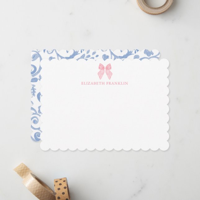 Personalisiert Pink Bow Gingham Baby Stationery Mitteilungskarte (Vorderseite/Rückseite Beispiel)