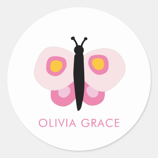 Personalisiert Pink Butterfly Girls Runder Aufkleber (Vorderseite)